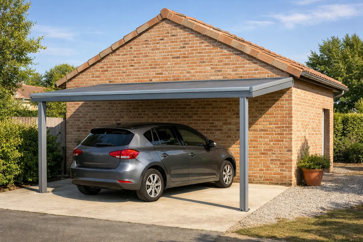 Carport aluminium adossé au pignon d'un garage, deux poteaux en façade