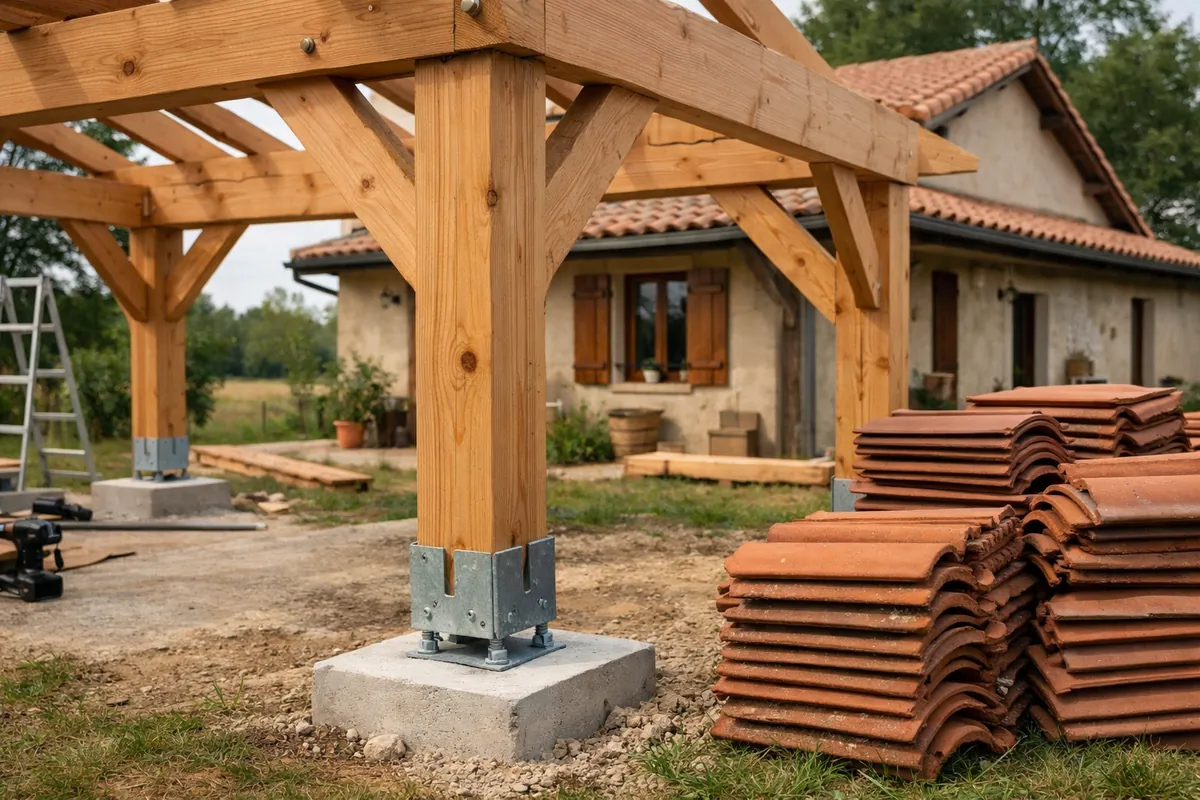 Charpente bois d'un carport à toiture tuiles en cours de montage