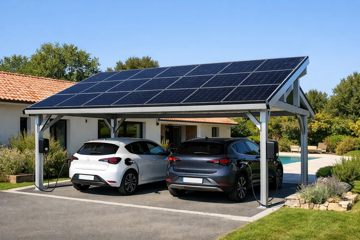 Carport double aluminium équipé de panneaux photovoltaïques