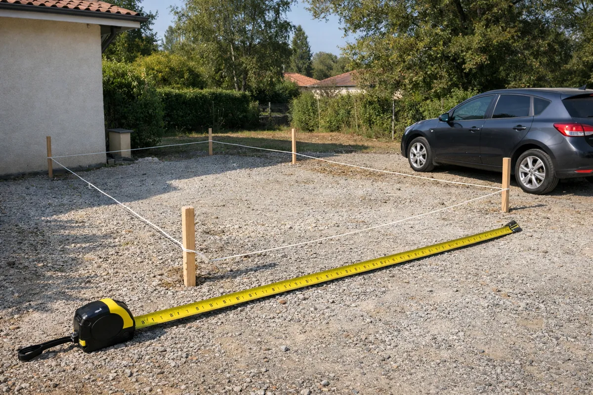 Implantation d'un carport au cordeau avec mesure des distances aux limites