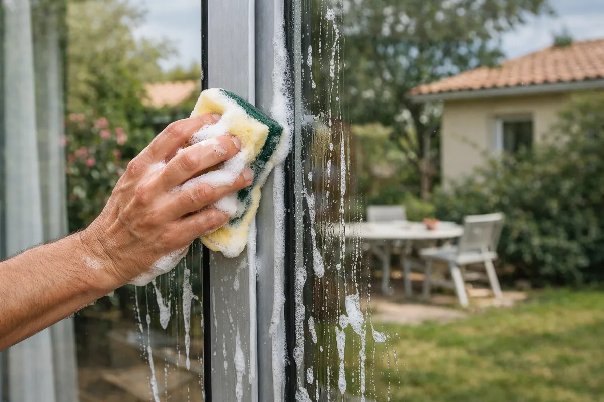 Nettoyage des profilés et vitrages d'une véranda aluminium à l'eau savonneuse