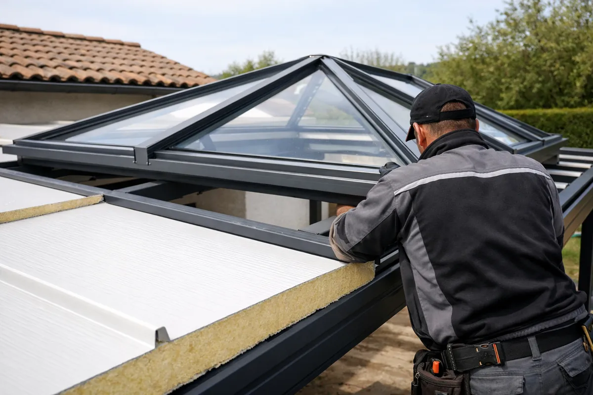Toiture en panneaux isolants et bandeau vitré d'une véranda extension en cours de montage