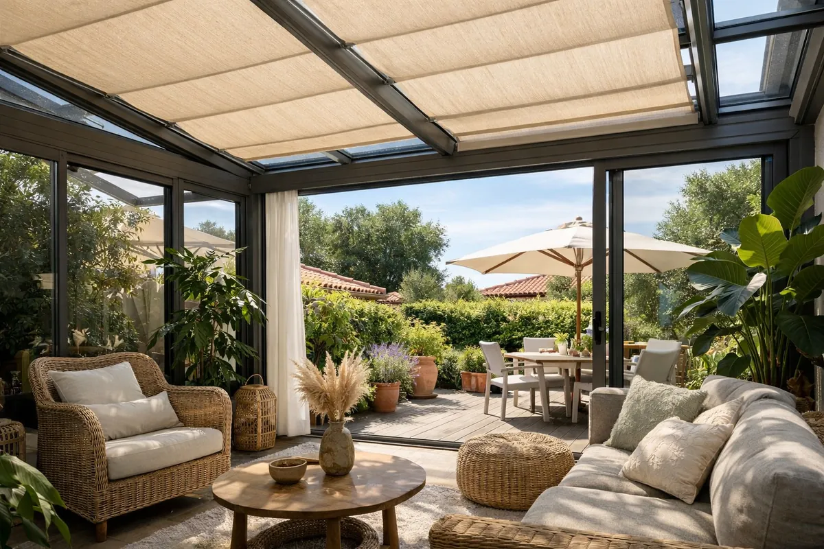 Stores de toiture déployés dans une véranda aluminium un après-midi d'été